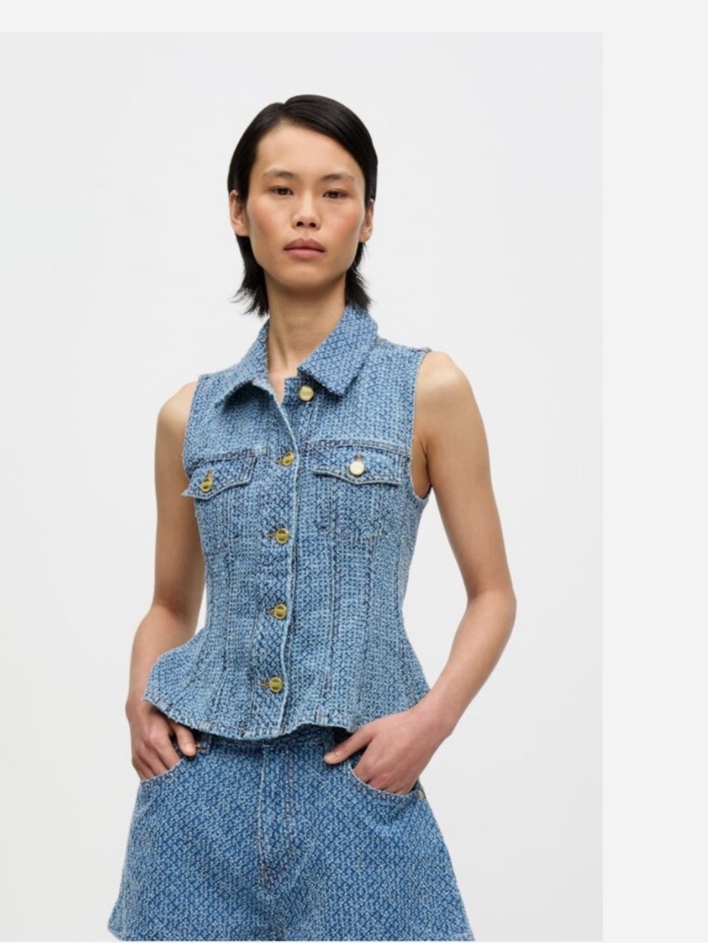 Ganni Blue Tweed Button-Front Sleeveless Top with Gold Buttons - Picture 6 of 6